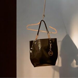 Michael Kors patent Black Tote with Gold Chain